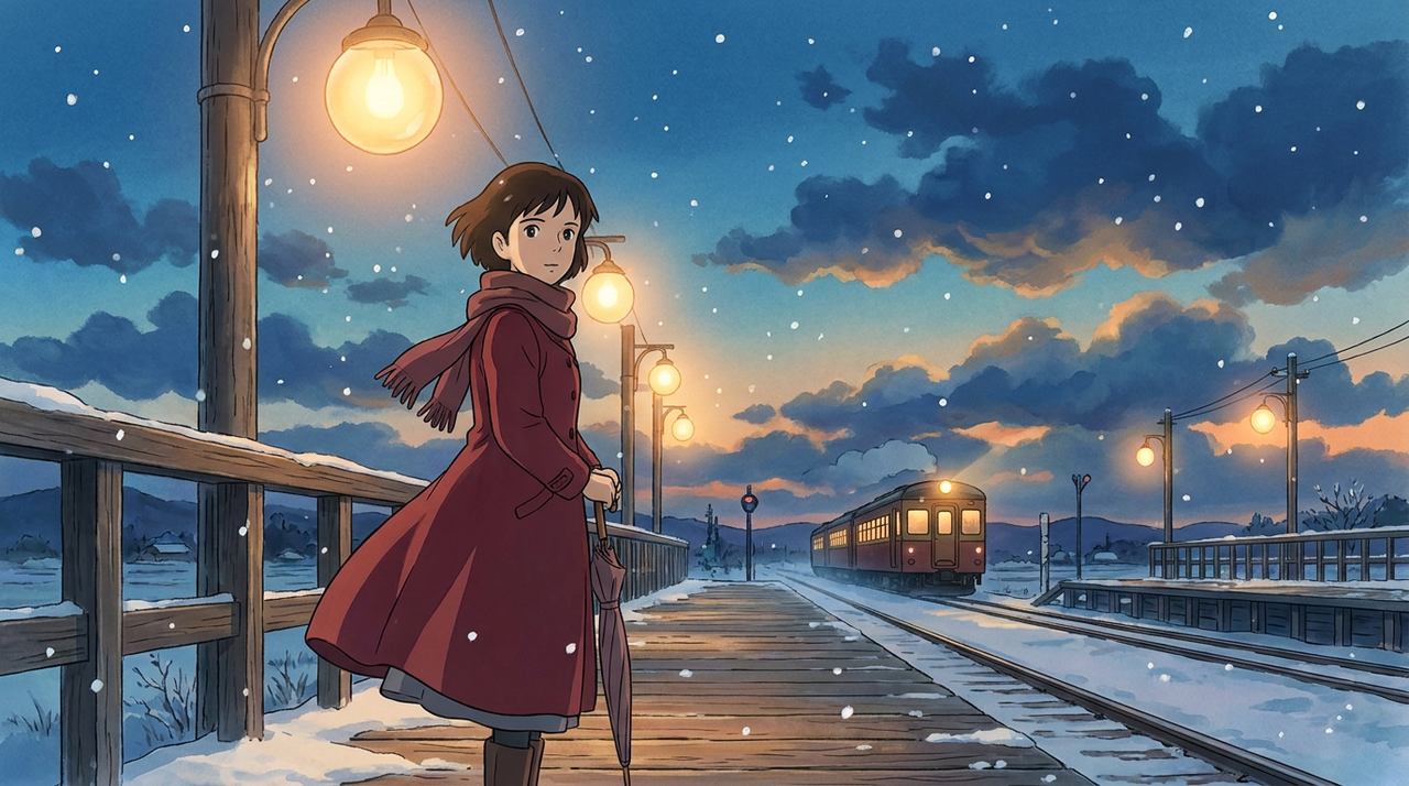 Anime cinematic still on a snowy train platform